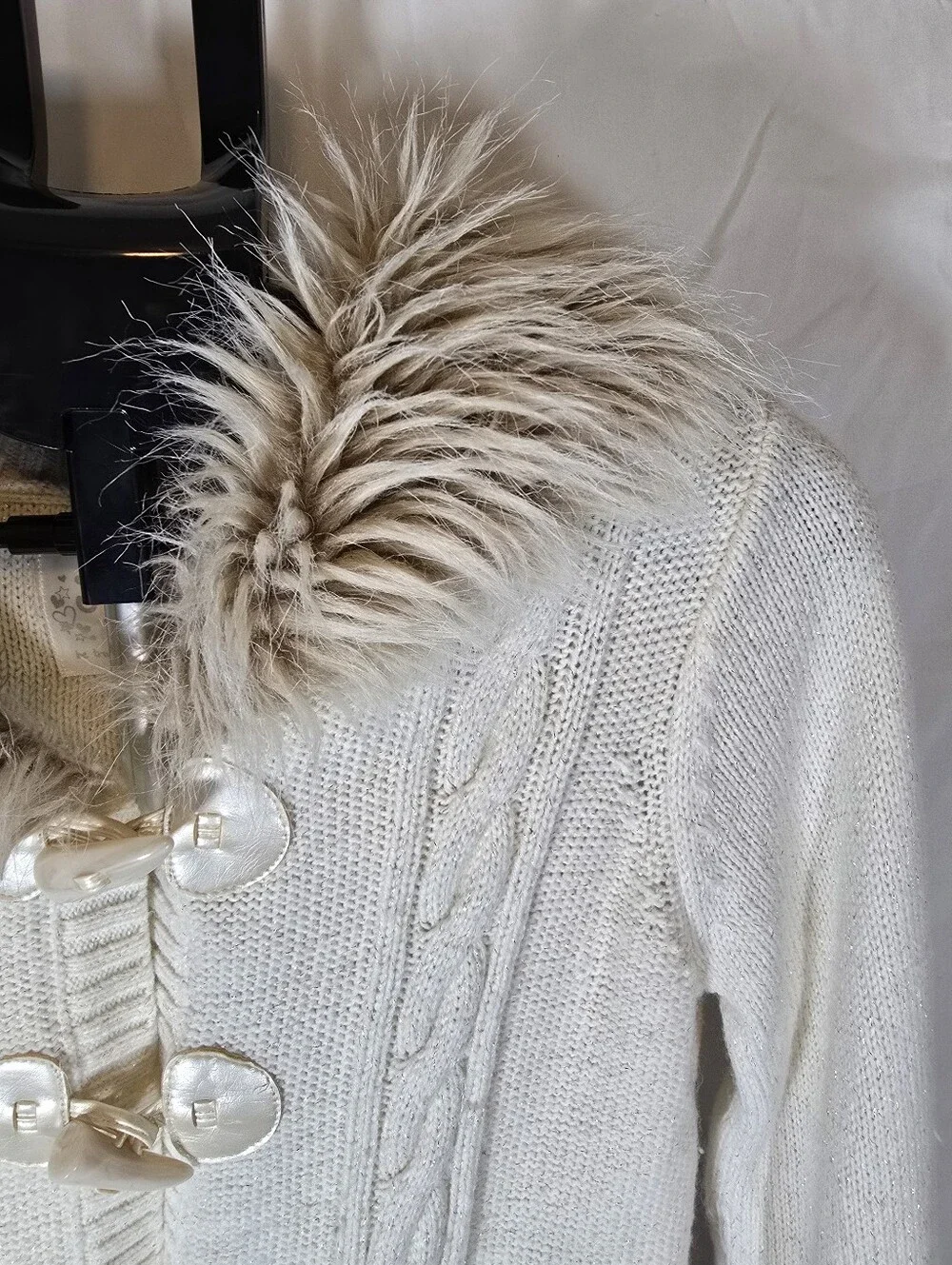 Justice Cream Cable Knit Cardigan with Faux-Fur Collar